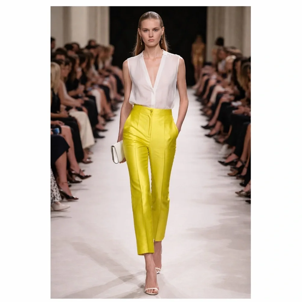 VALENTINO Mikado Silk Blend Pants Chartreuse Yellow Green IT40 US4 NWT ⚪️ - Picture 2 of 14